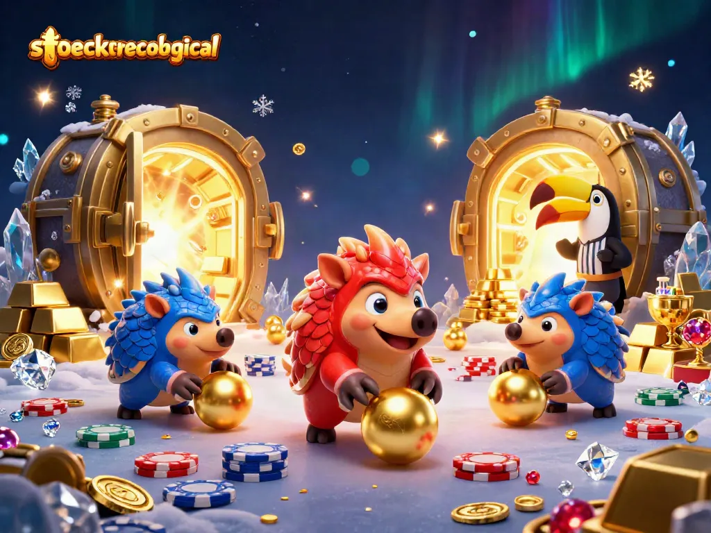 Engaging action scene with pangolins in red and blue armor at stoeckerecological casino, rolling gold balls and bowling
