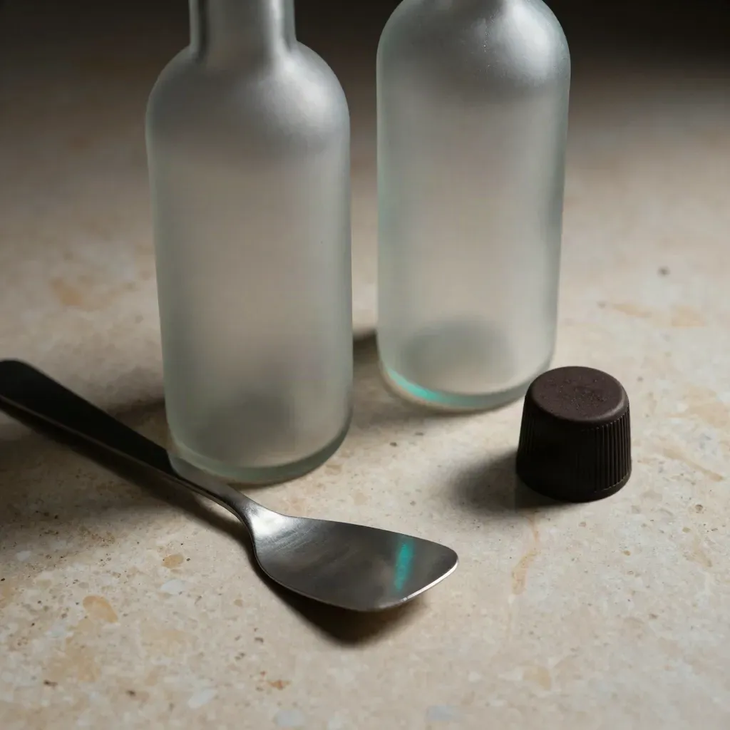 Botellas de vidrio esmerilado, espátula de acero y tapón de caucho sobre travertino claro.