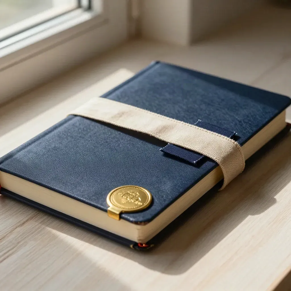 Cuaderno forrado en tela azul marino con sello de latón y cinta de lino sobre madera clara.